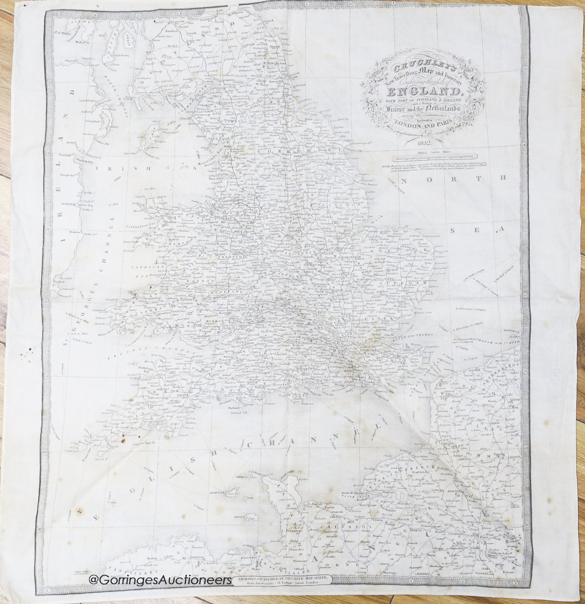 A Cruchley's New travelling map of England, 1832 printed on a handkerchief